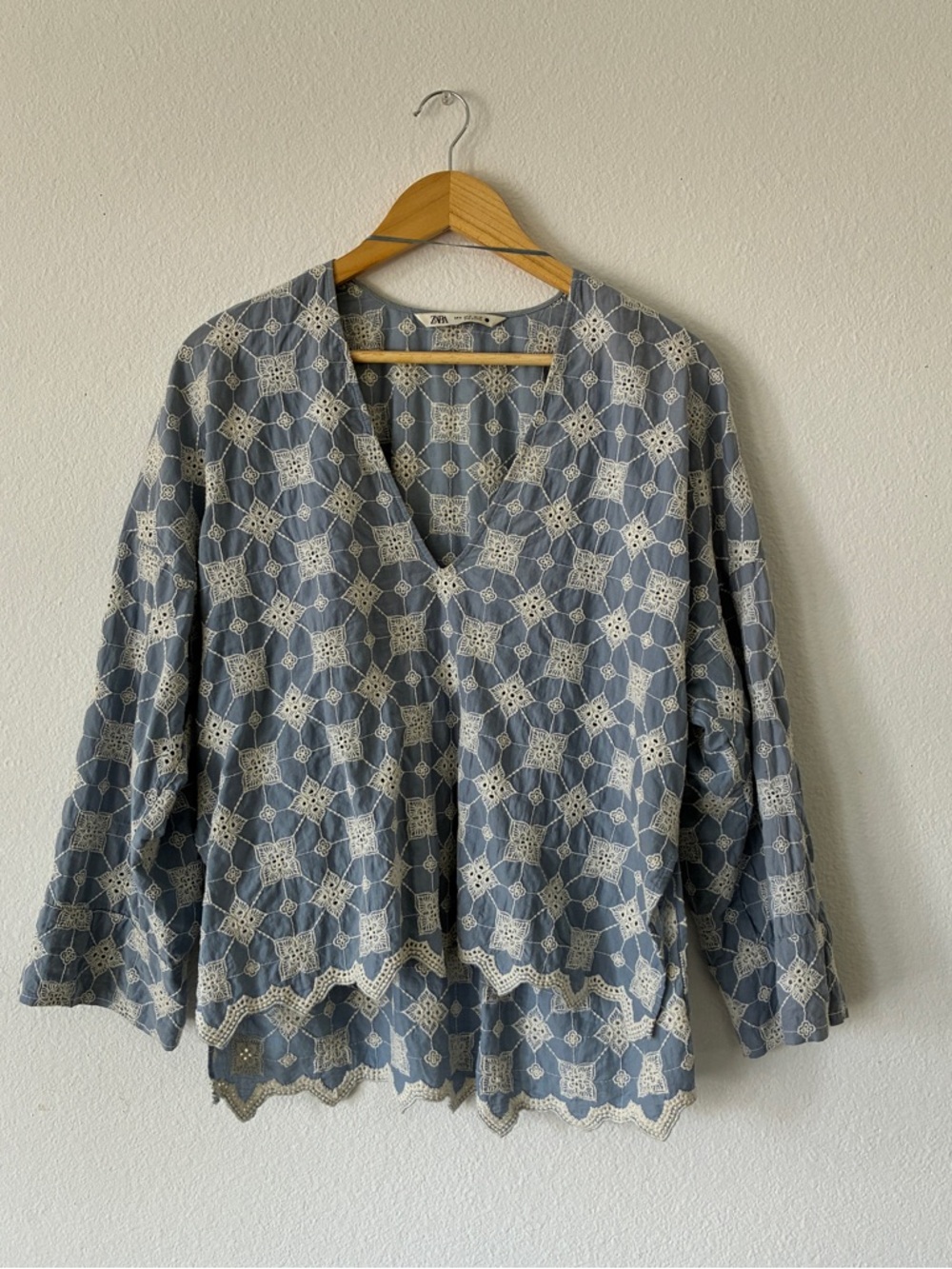 Zara Blue Eyelet Lace Peasant Top